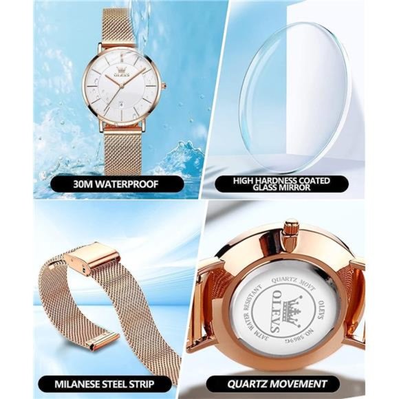 6.5mm Ultra Thin Watches for Women Waterproof,Rose Gold Stainless Steel Watch main image 4